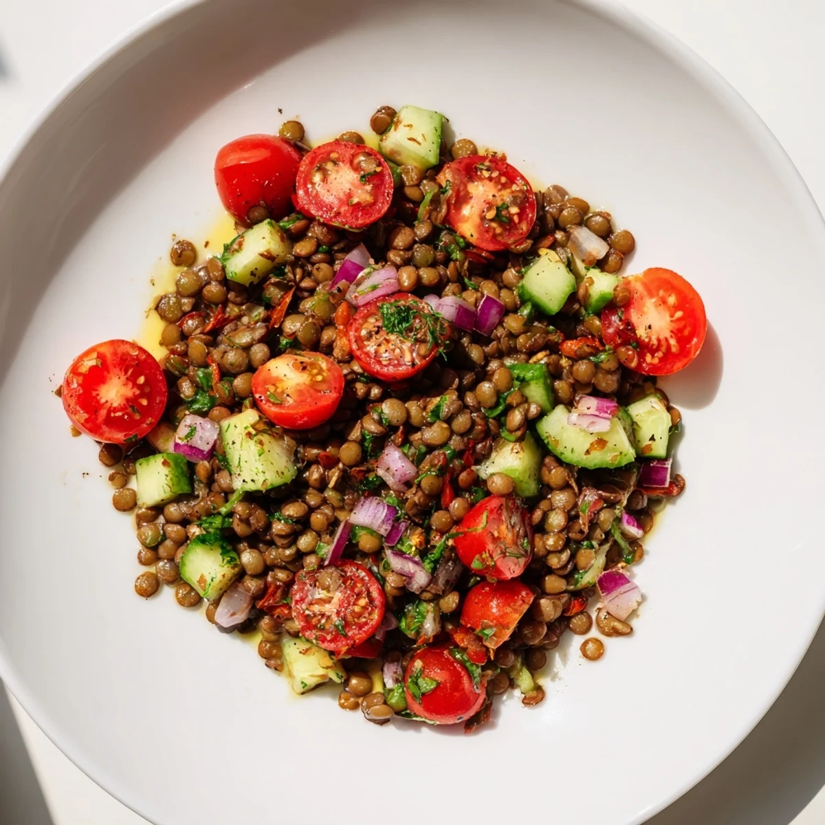This vegetarian lentil salad recipe features a medley of chopped tomatoes, cucumber, with a flavorful vinaigrette.