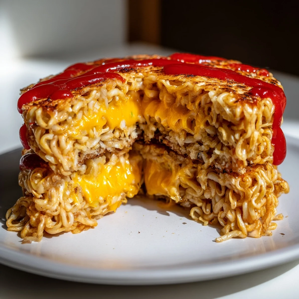 Gooey cheese melts between crispy ramen noodles in this delicious Instant Ramen Grilled Cheese.