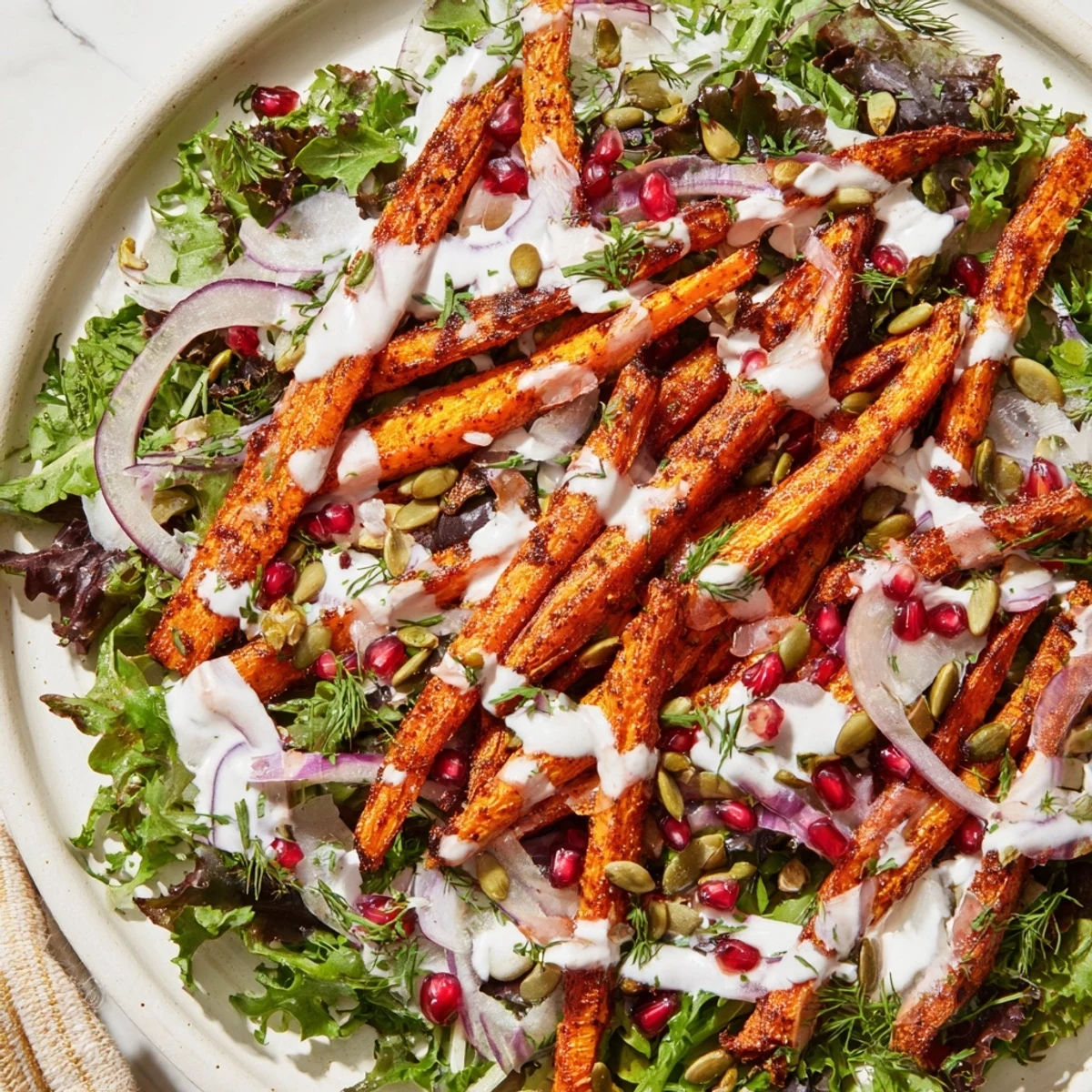 Golden roasted carrot salad with tahini-lemon drizzle, a flavorful and nutritious Mediterranean delight.