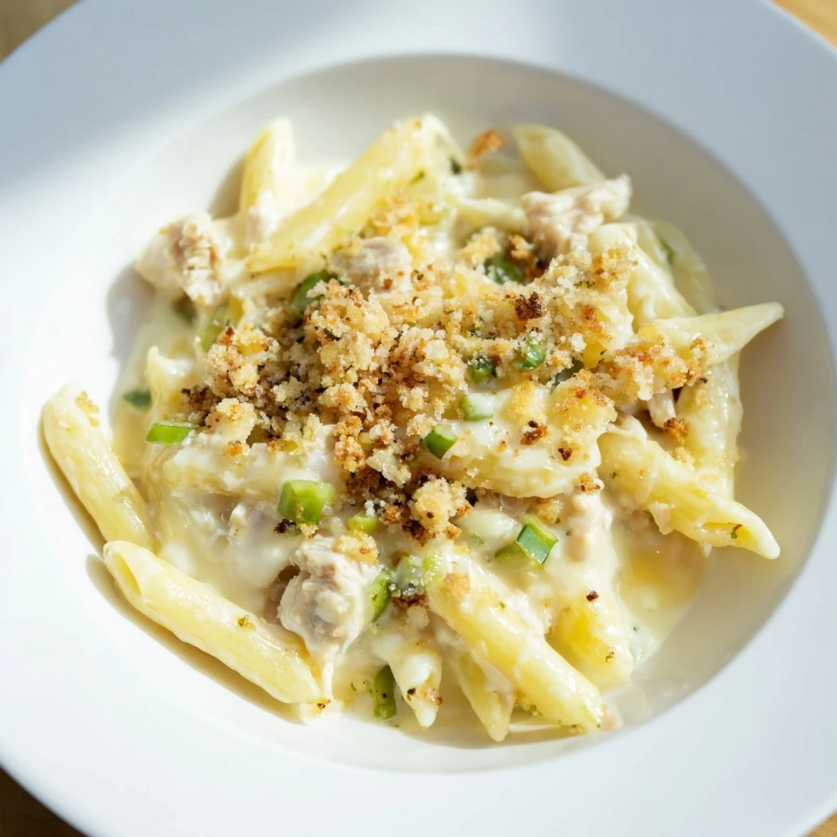 Jalapeño Popper Chicken Pasta, a baked pasta dish with a golden, bubbly cheese topping and satisfying creamy sauce.