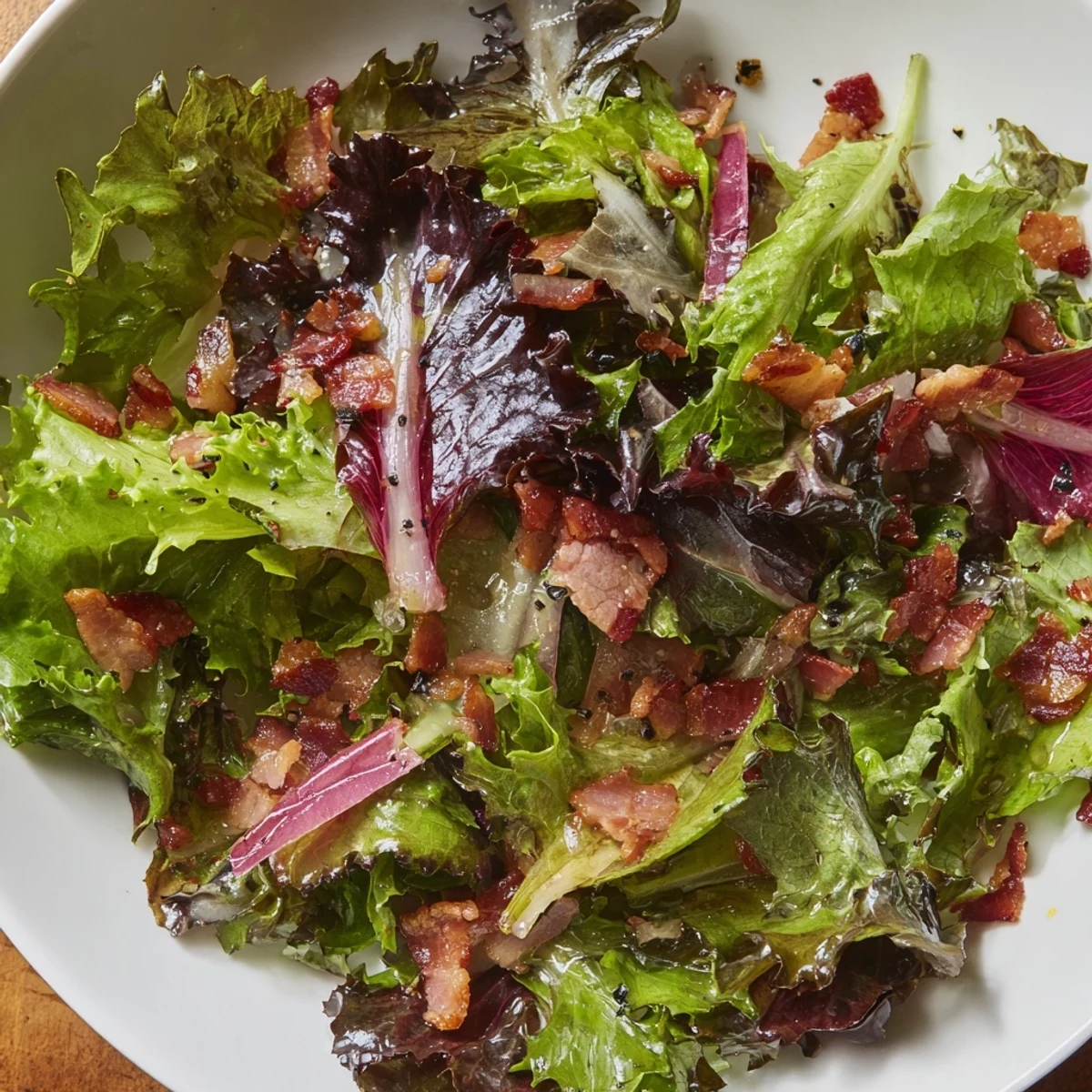 A close-up view of the hearty Bitter Greens Salad with Warm Bacon Dressing ready for serving, garnished with nuts.