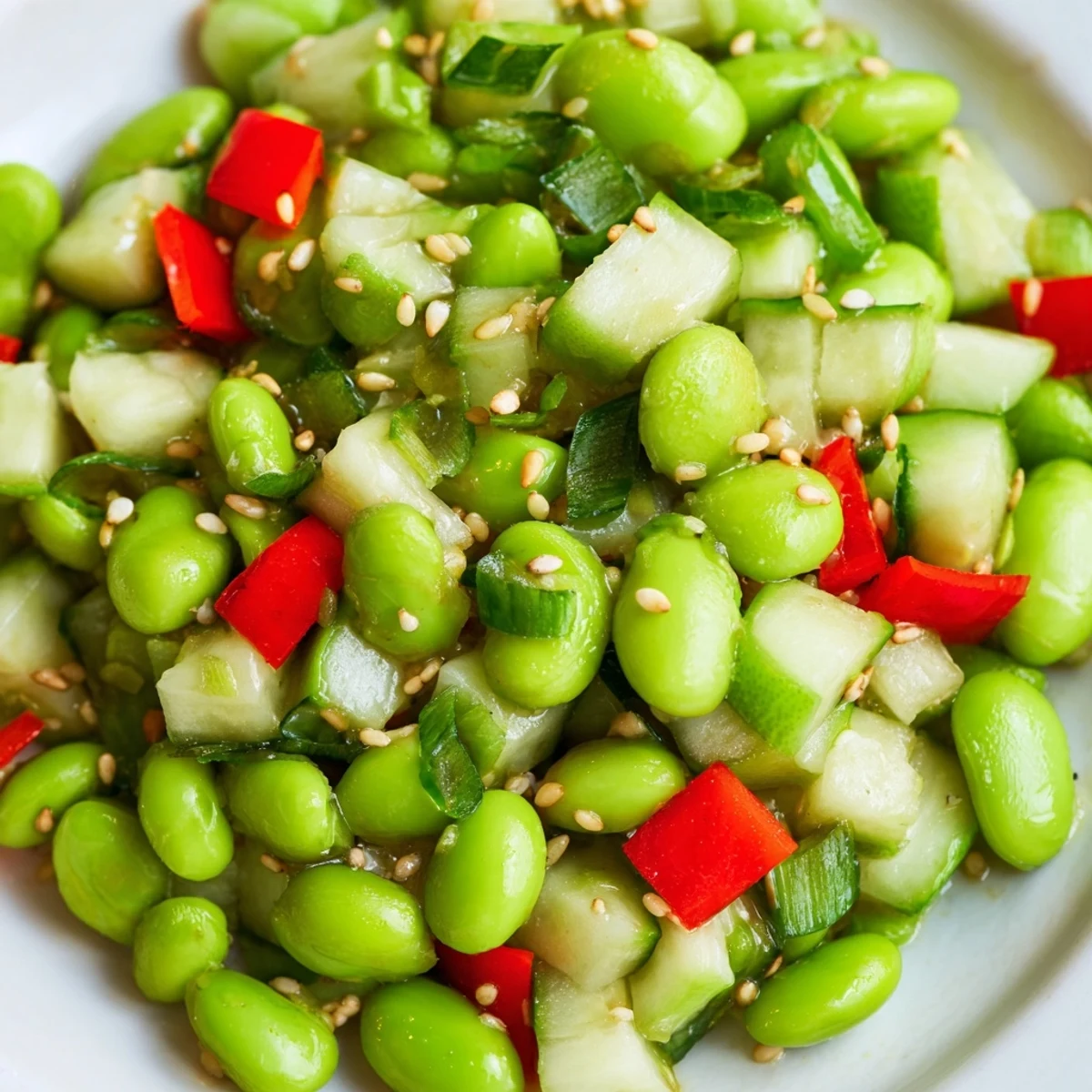 Vibrant, chilled edamame salad with crisp cucumber and savory sesame dressing, ready to enjoy.