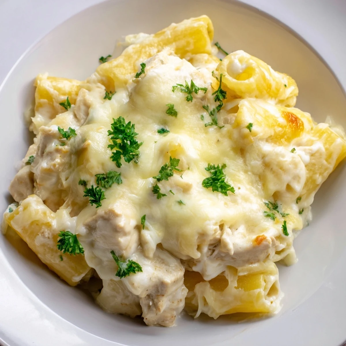 Chicken Alfredo Bake bubbling hot, with melted cheese and tender chicken in a creamy sauce.