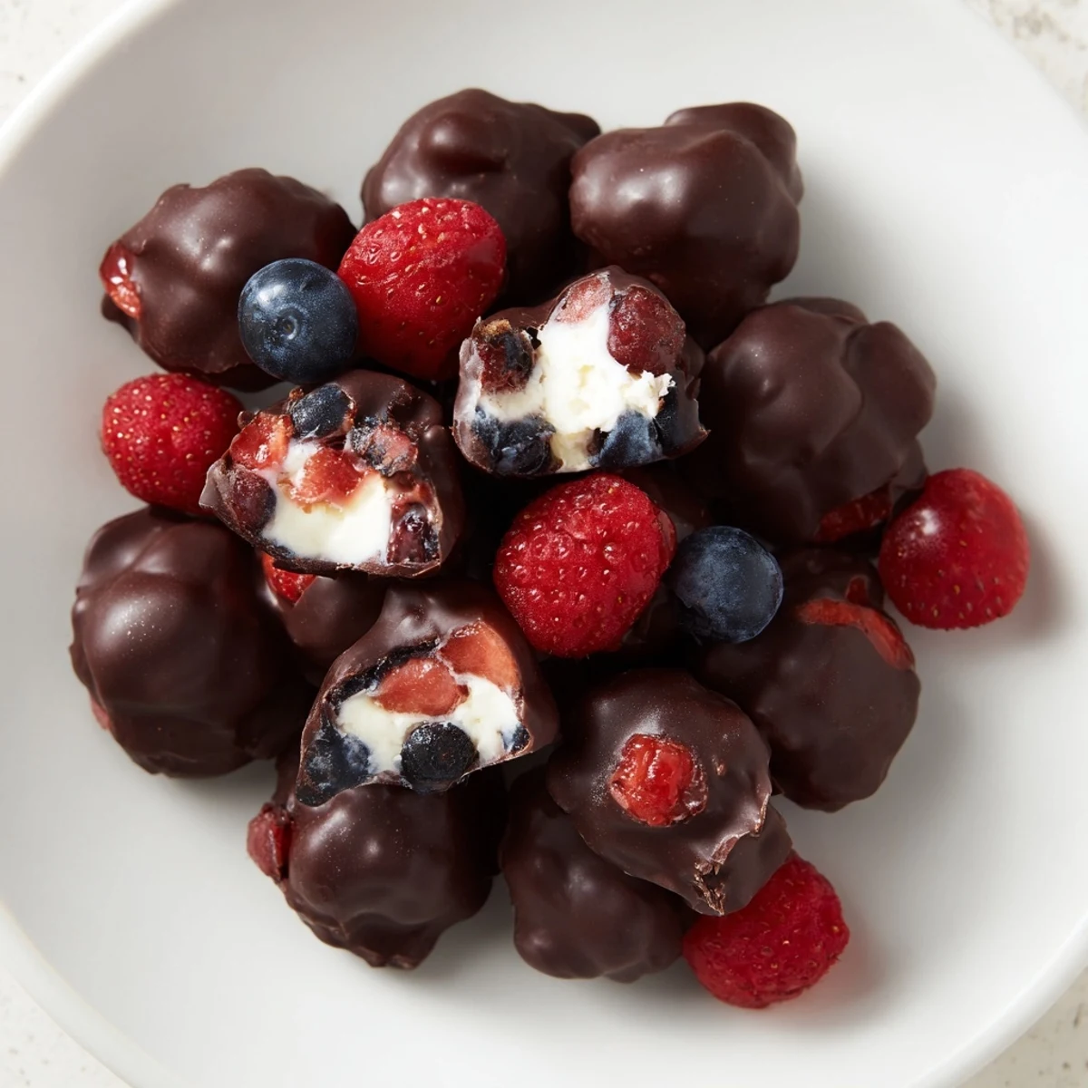 Refreshing chocolate yogurt clusters, studded with berries, offer a delightful frozen dessert experience.