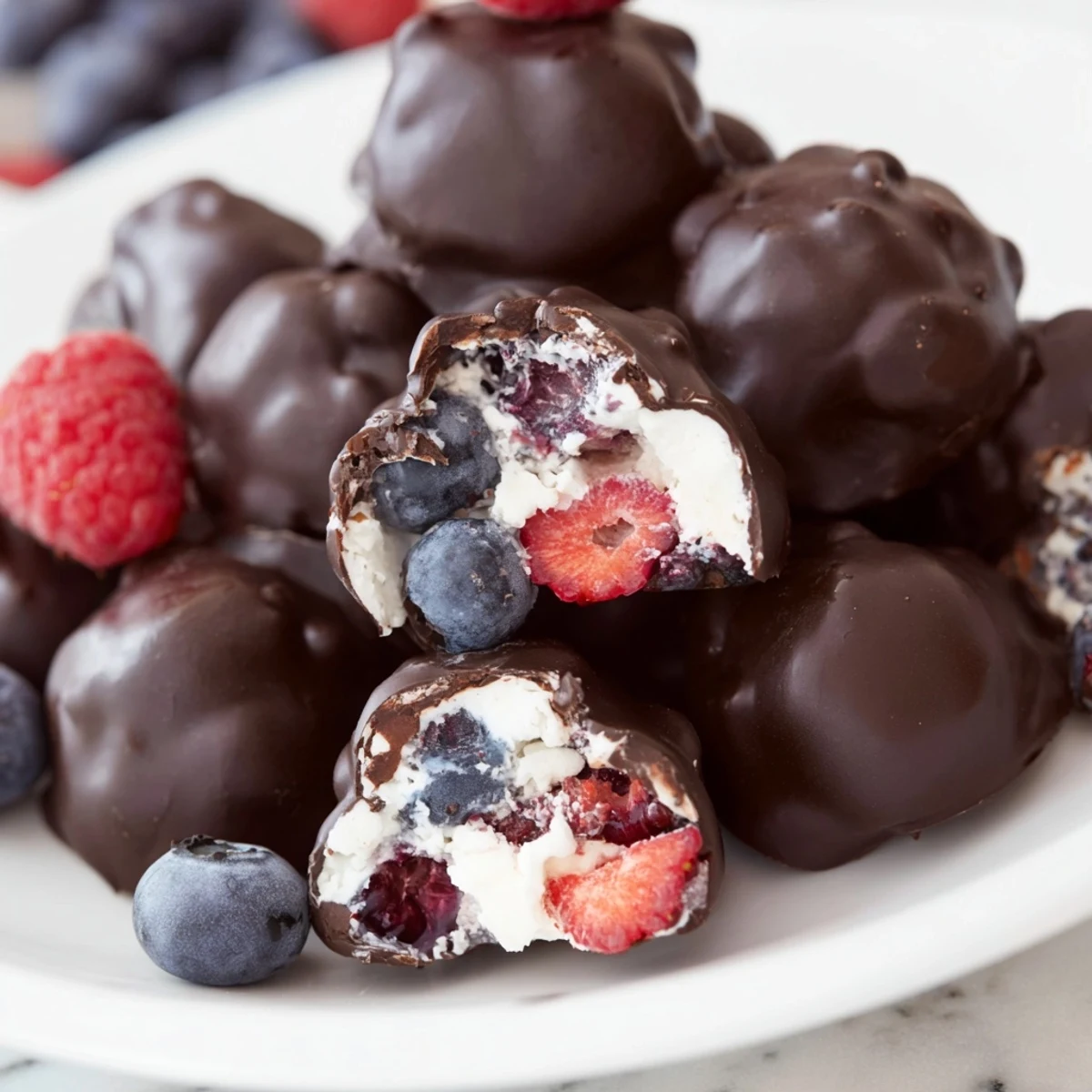 Frozen chocolate yogurt clusters: bite-sized snacks, combining creamy yogurt, berries, and dark chocolate.