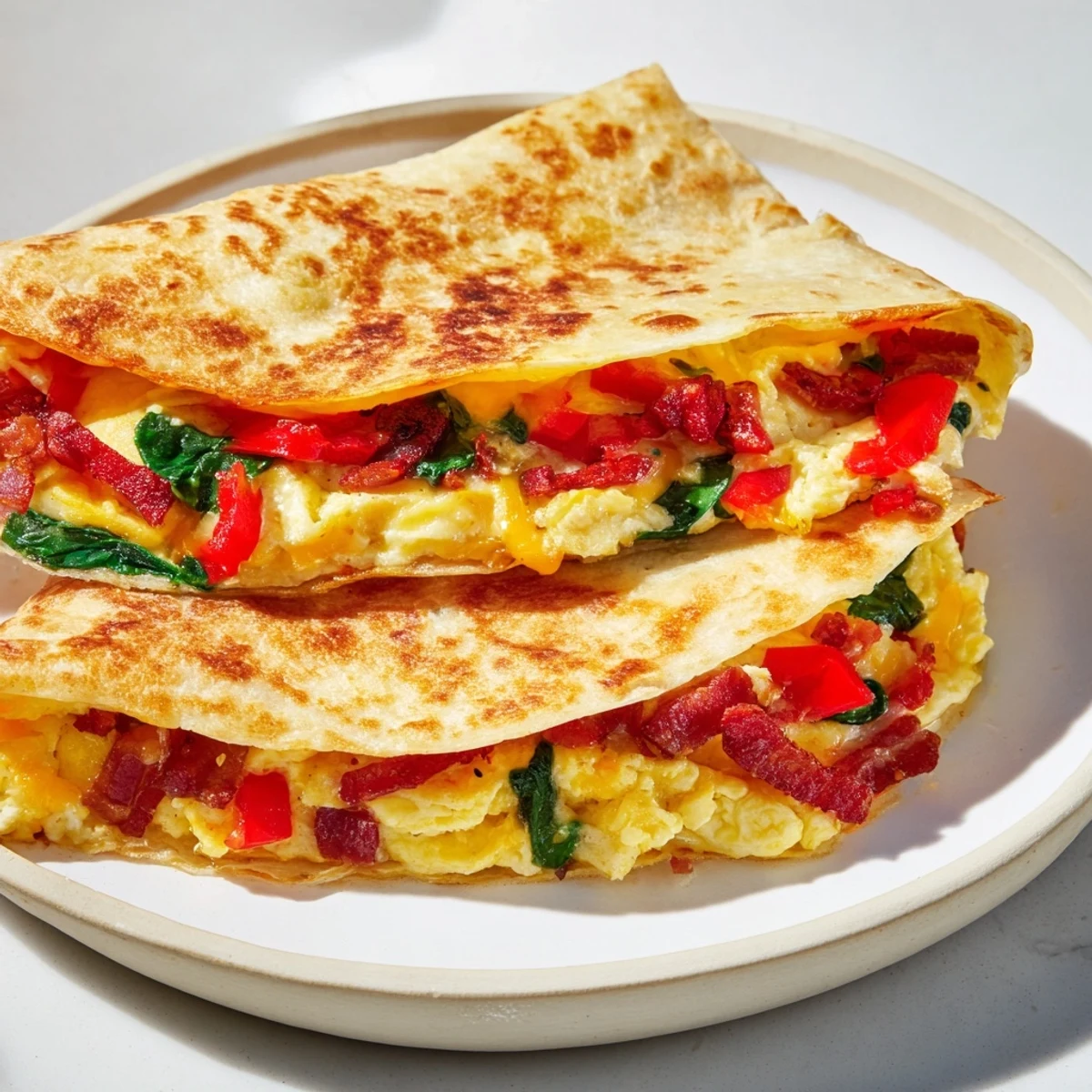 Warm and cheesy breakfast quesadilla, a quick and easy recipe with a perfectly folded, crispy tortilla.