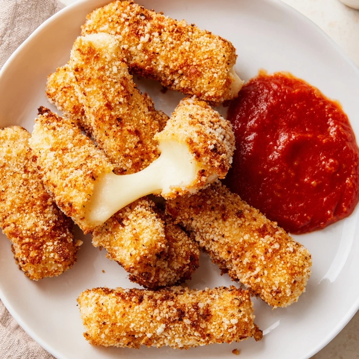 Close-up of freshly made air fryer mozzarella sticks, a quick and easy appetizer or game day treat.