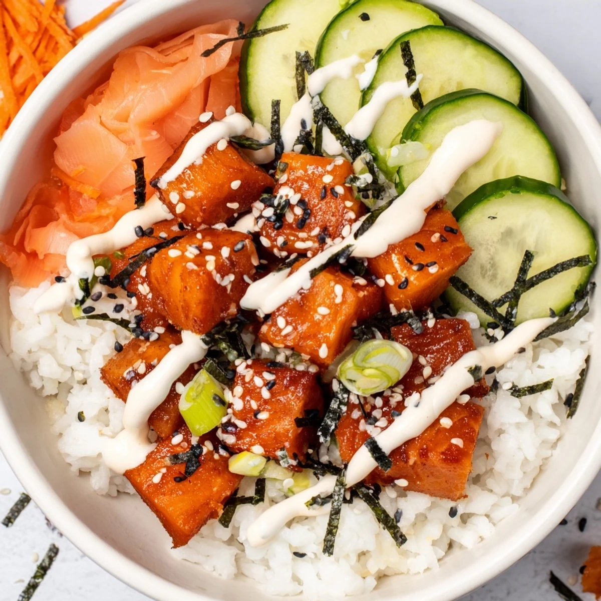 Golden-brown salmon bites in a bowl, a flavorful meal with rice and fresh toppings.