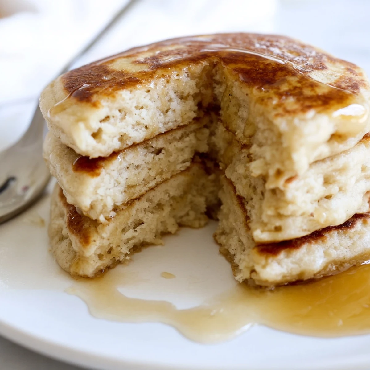 Golden-brown Protein Banana Pancakes, ready for a satisfying, protein-packed breakfast with fresh fruit.