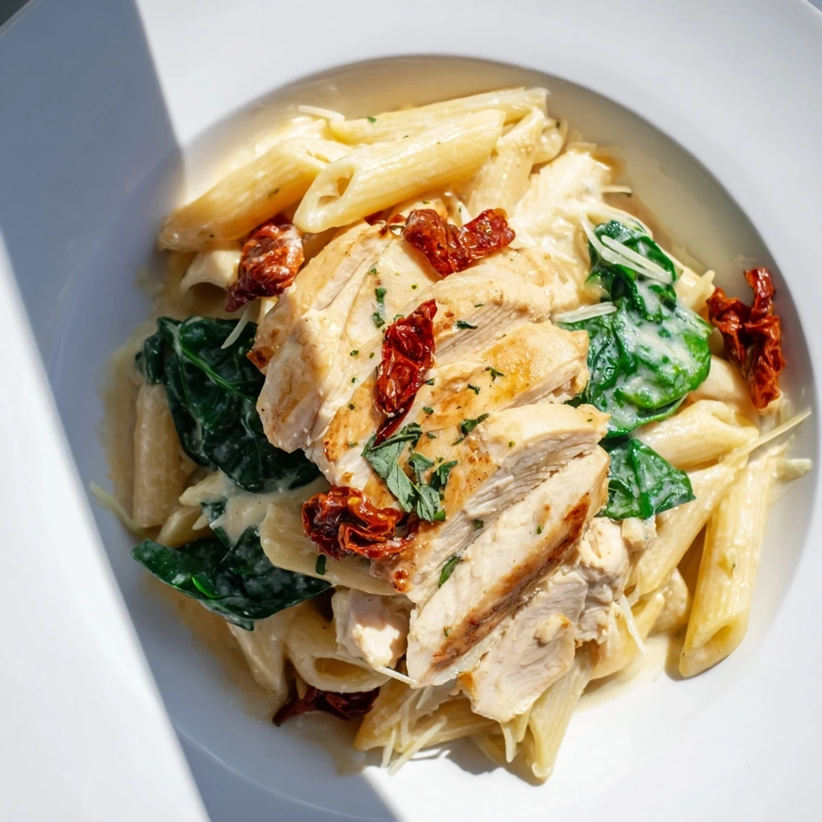 Picture a plate: rich Creamy Tuscan Chicken Pasta with vibrant spinach and sun-dried tomatoes.
