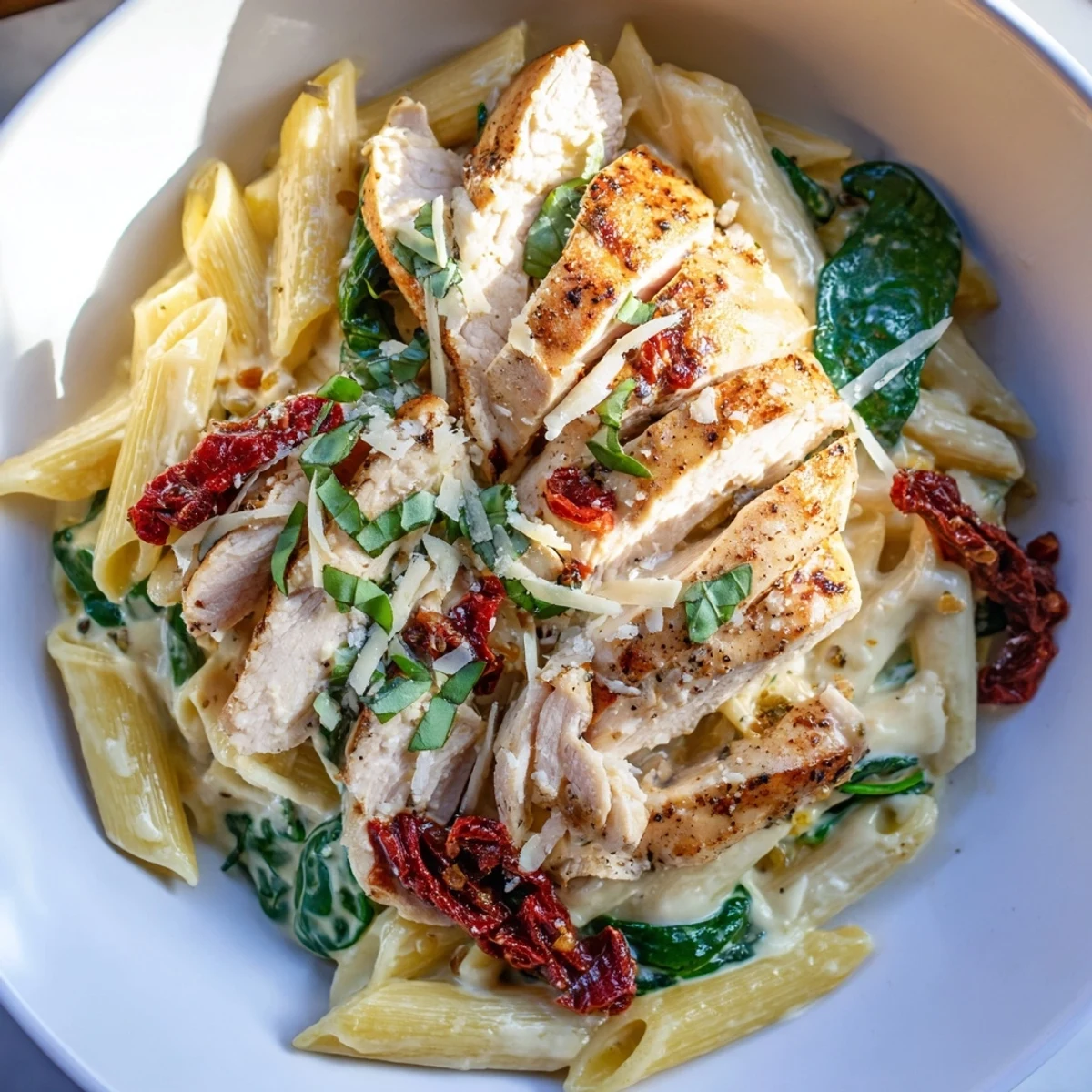 Tempting aroma: imagine the garlic-Parmesan sauce coating every strand of Creamy Tuscan Chicken Pasta.