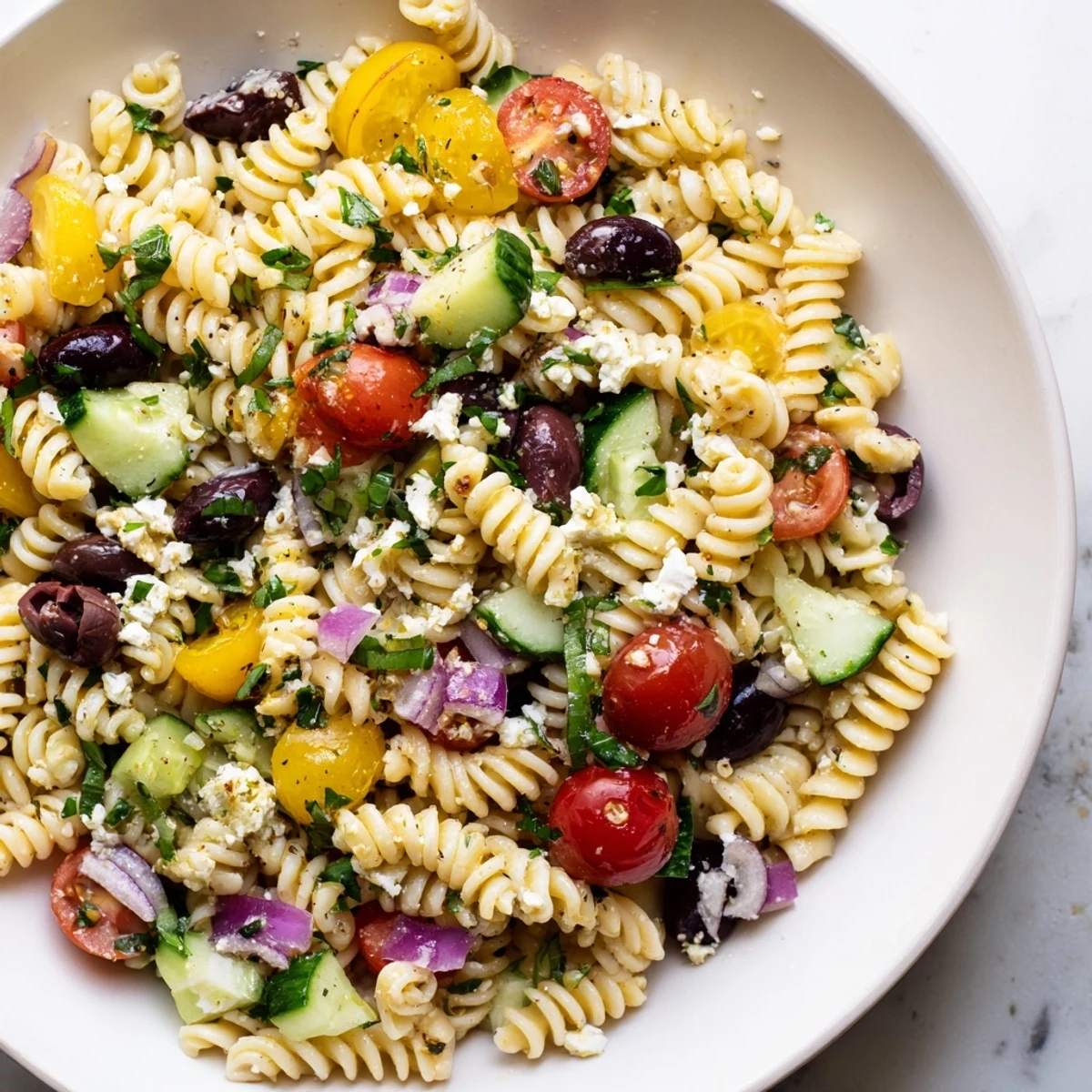 A vibrant bowl of lemon pasta salad, showcasing fresh herbs, olives, and a light, tangy dressing for summer.