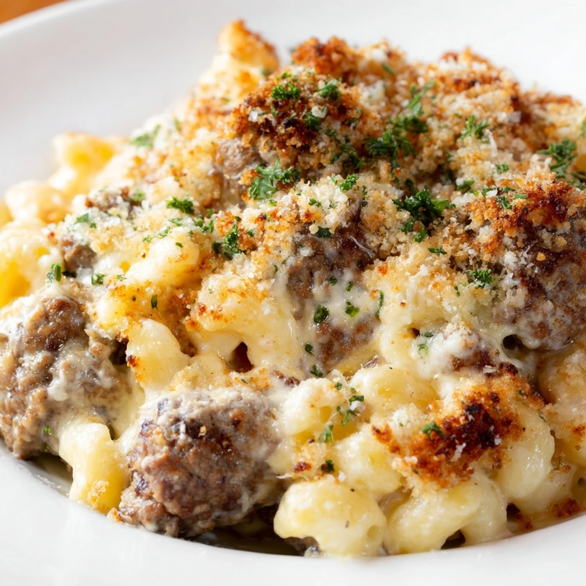 A bubbly Mac & Cheese Meatball Bake, golden-brown on top, promises a comforting family dinner.