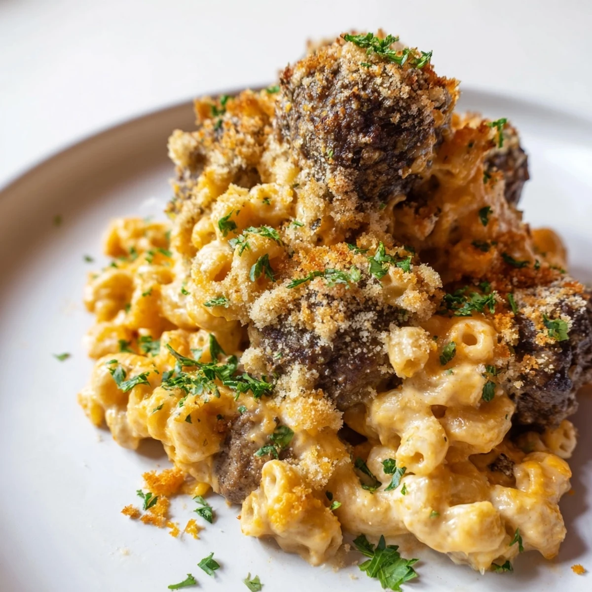 Enjoy the rich scent of this comforting Mac & Cheese Meatball Bake, fresh from the oven, ready to serve.