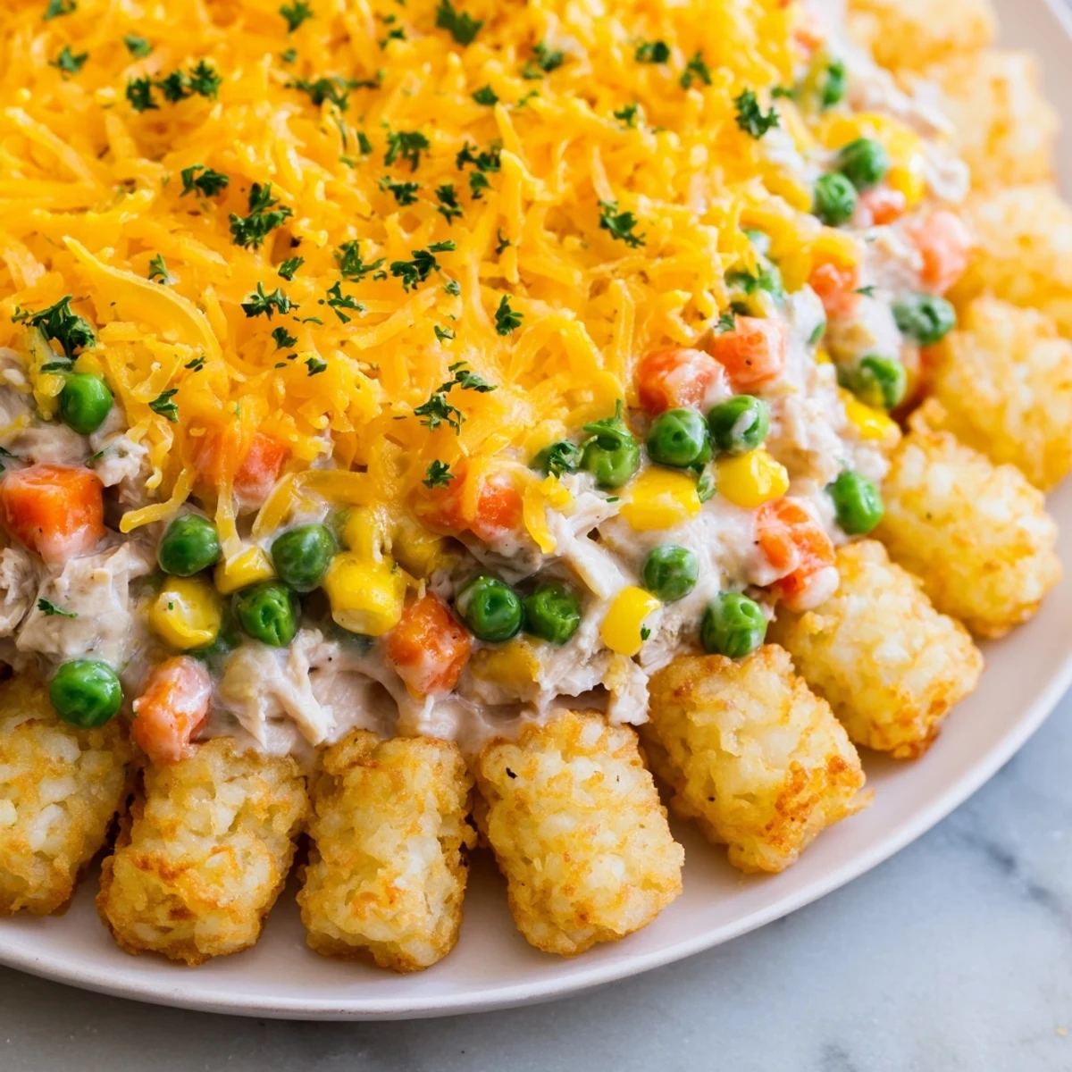 Golden and crispy tater tots crown a creamy chicken filling in this flavorful Tater Tot Casserole.