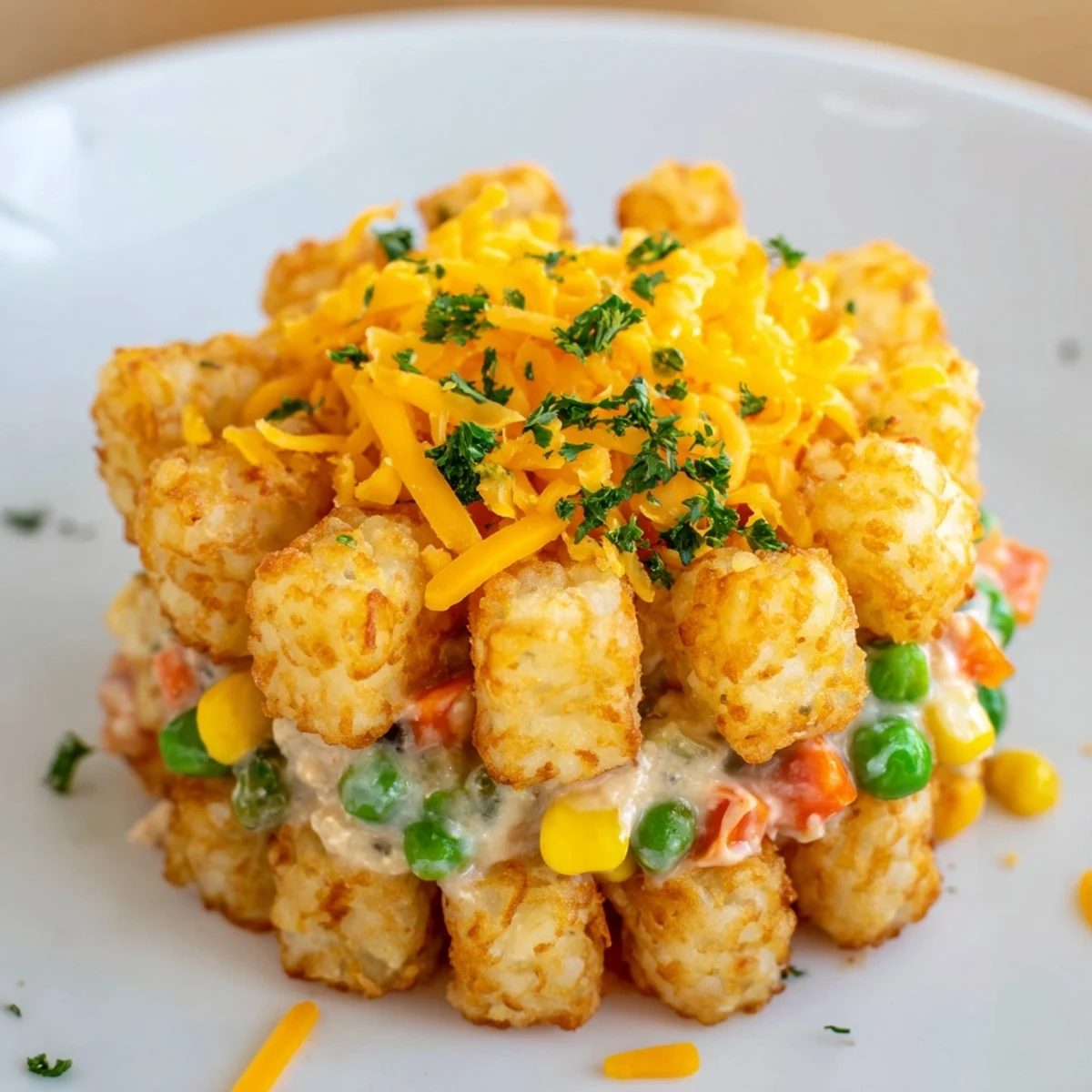 Get ready for an easy, family-pleasing meal; a close-up of cheesy, savory Tater Tot Casserole.