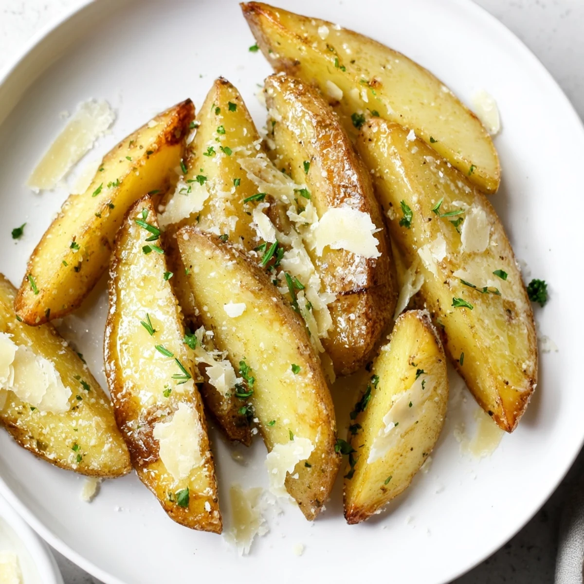 Golden, crispy Rosemary Parmesan Potato Wedges ready to serve, smelling of fresh herbs and garlic.
