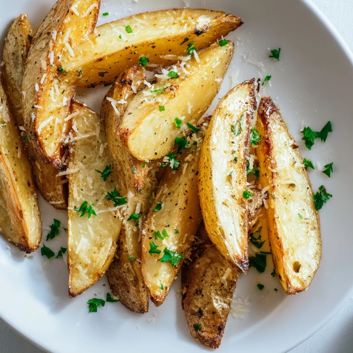 Oven-baked Rosemary Parmesan Potato Wedges showing a delightful crispness, topped with melted Parmesan.