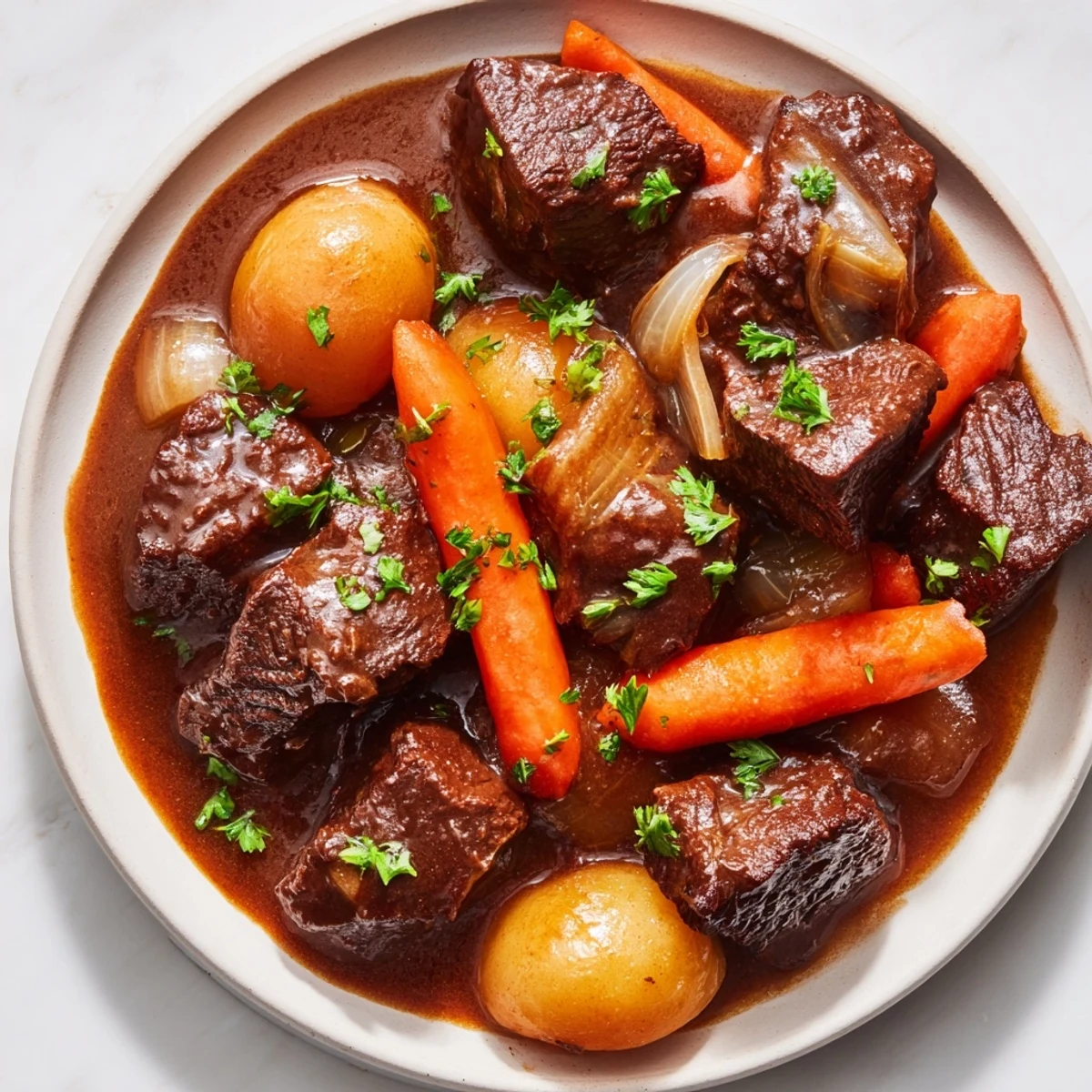 Hearty Irish Beef Stew with chunks of beef and carrots, ready to warm on a cold evening.