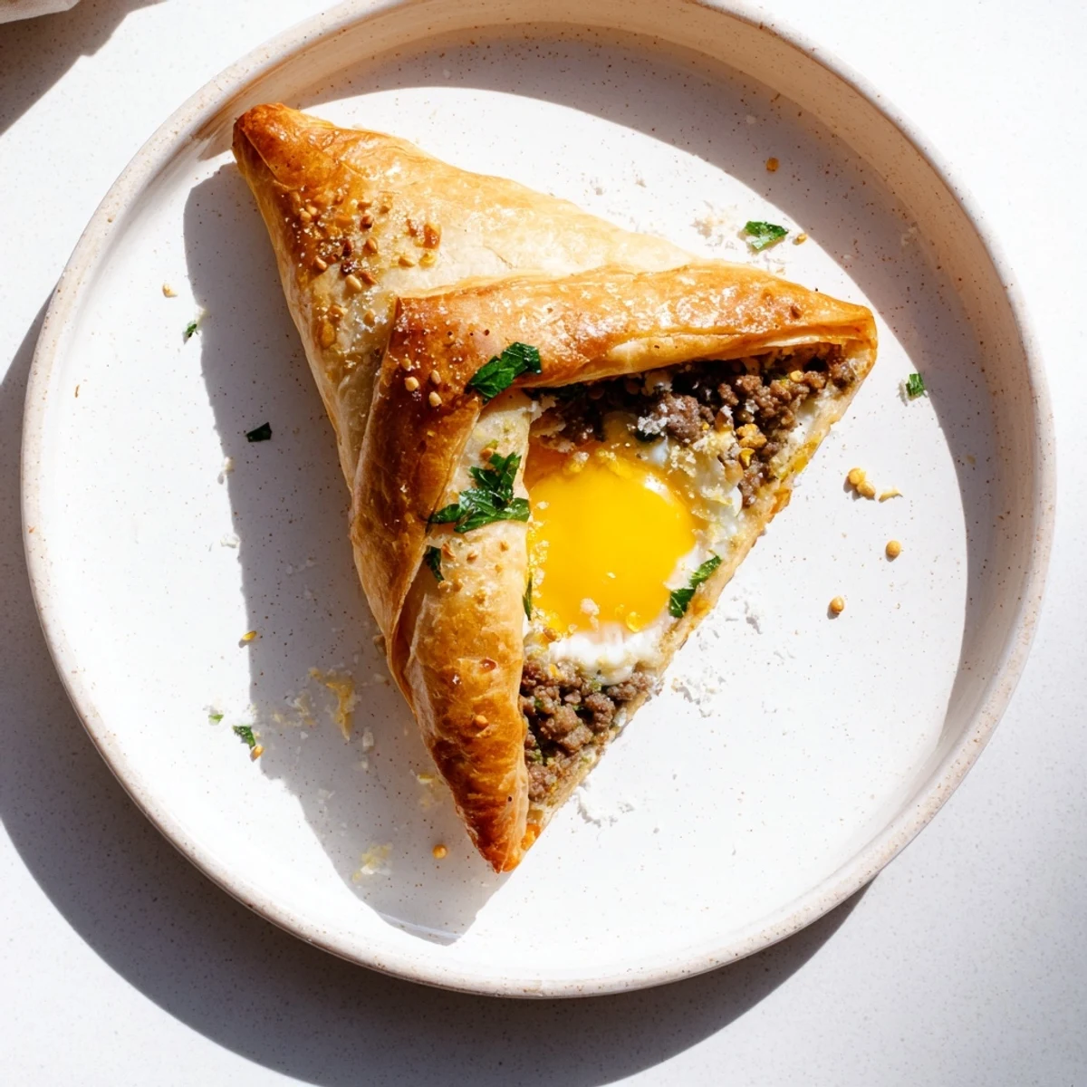 A close-up of a freshly fried Tunisian Brik, revealing a tender egg yolk inside.