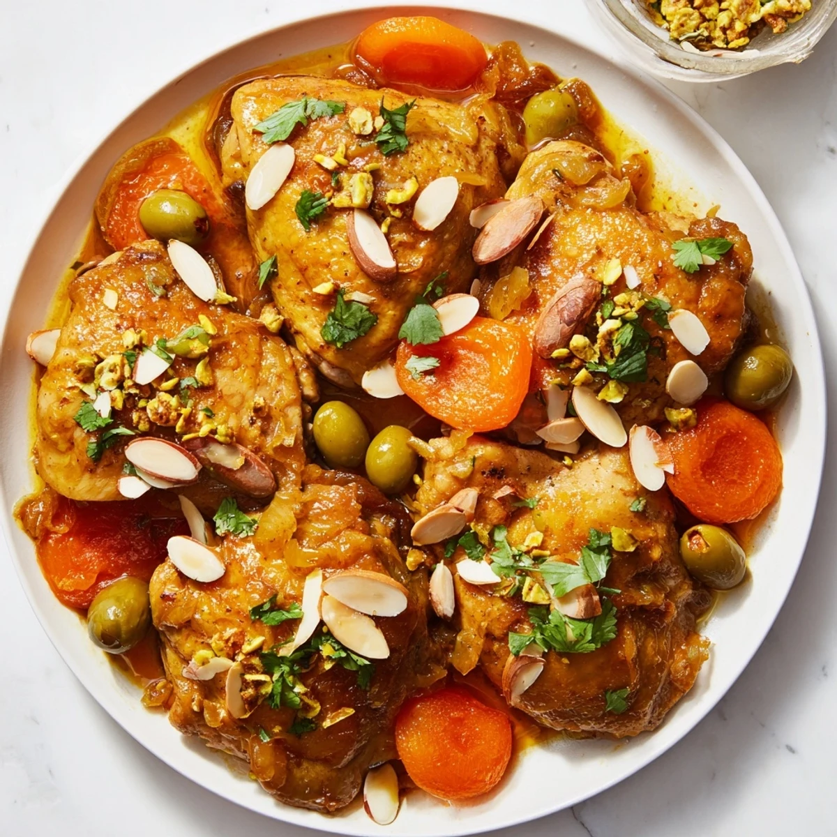 A steaming bowl of Moroccan tagine chicken with golden apricots and savory olives.