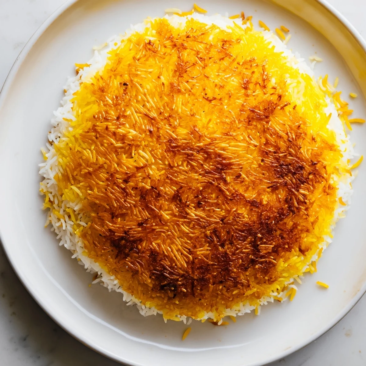 A close-up of beautifully caramelized Persian Tahdig rice, showcasing the golden tahdig crust and fluffy layers.