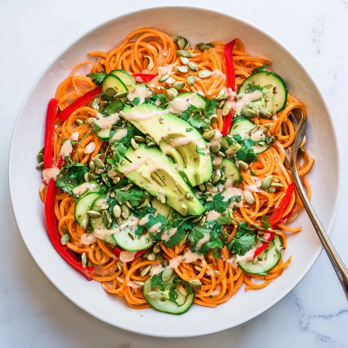 A close-up of the vibrant Carrot Noodle Skincare Bowl, featuring spiralized carrot noodles topped with crisp avocado, fresh spinach, and a creamy tahini-lime dressing.