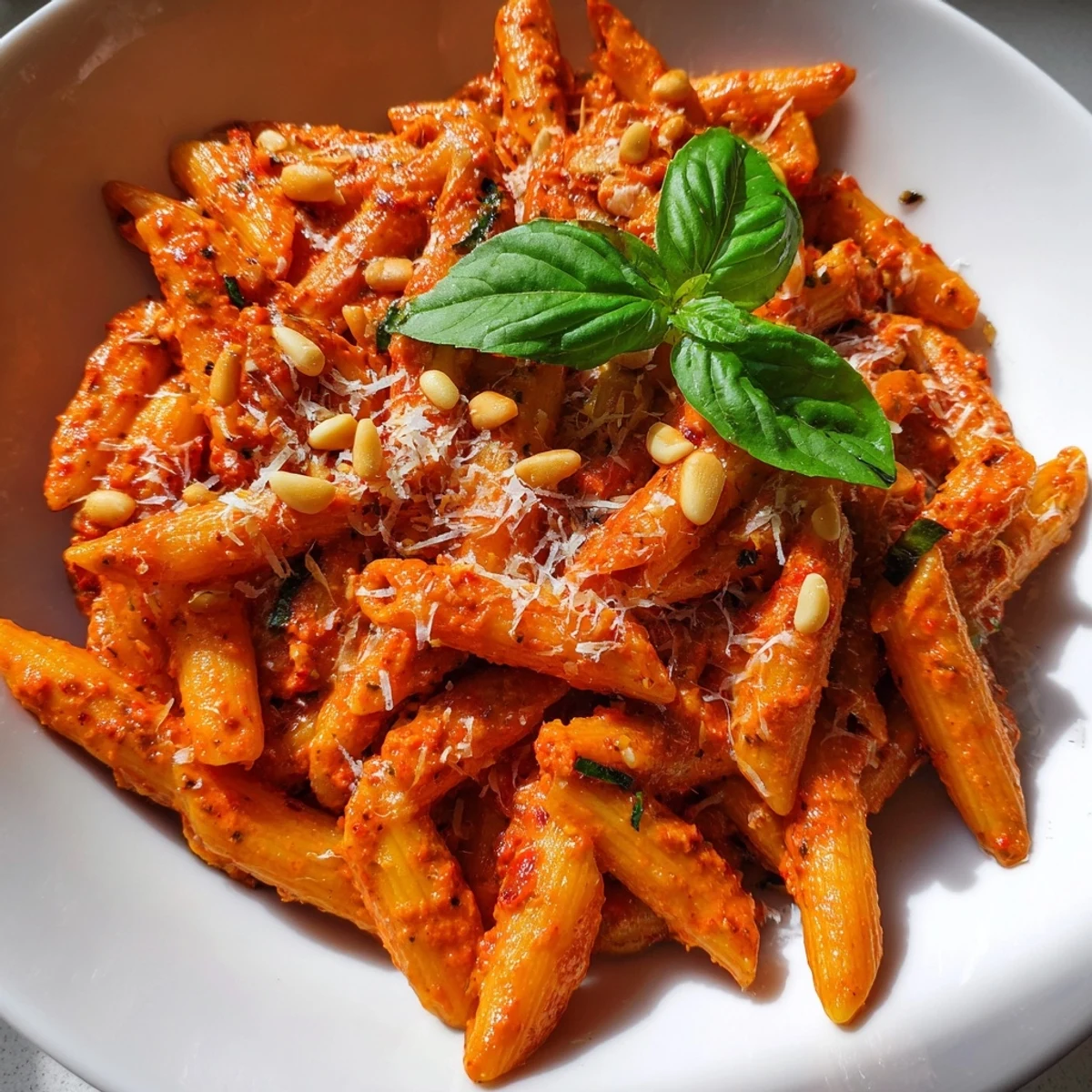 Creamy Sun-Dried Tomato Pesto Pasta tossed with fresh basil and topped with grated Parmesan cheese.