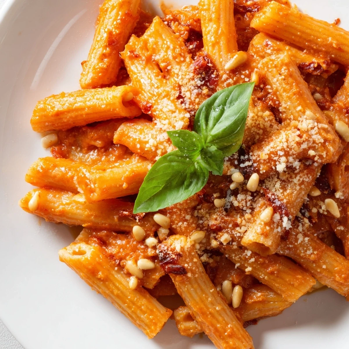 A bowl of homemade Sun-Dried Tomato Pesto Pasta, perfect for a quick vegetarian Italian dinner for four.