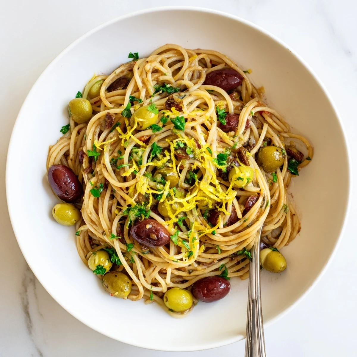 A close-up of Olive Tapenade Pasta, featuring al dente spaghetti generously coated in a chunky, dark olive and caper sauce with flecks of garlic and parsley.