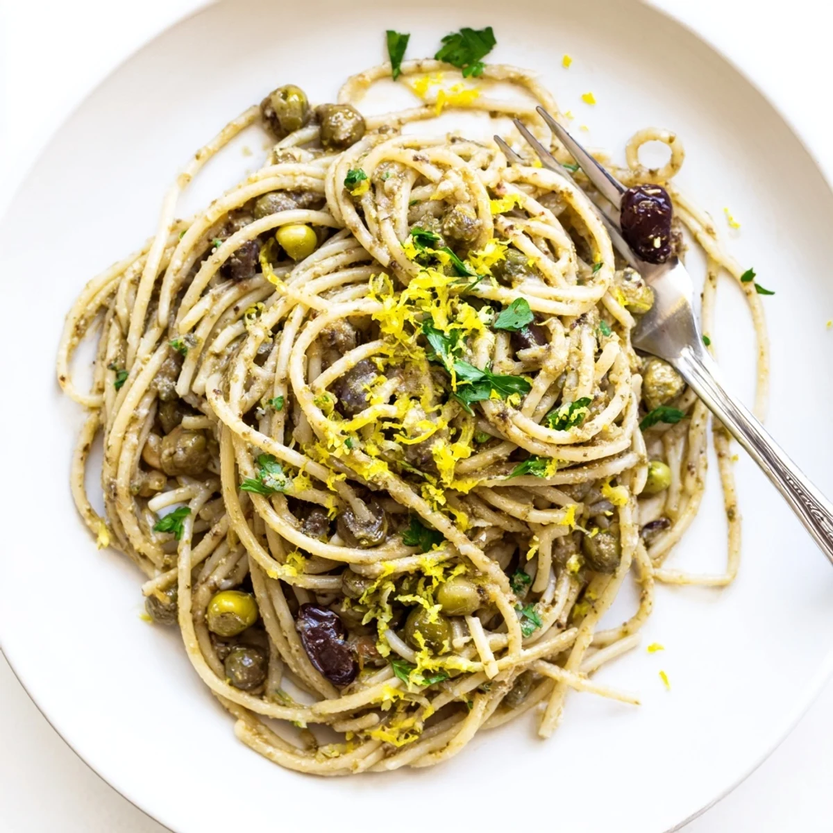 Steam rises from a plate of Olive Tapenade Pasta, revealing a rich, glossy sauce studded with chopped Kalamata olives, parsley, and lemon zest.