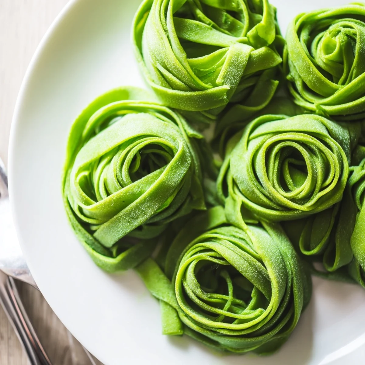 Close-up of tender spinach pasta dough being cut into delicate strips, ready to be boiled for a fresh Italian meal.  