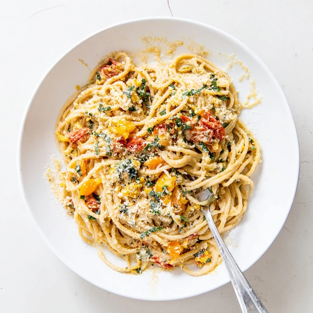 Golden roasted garlic pasta sauce with melted Parmesan and fresh basil garnish on spaghetti.
