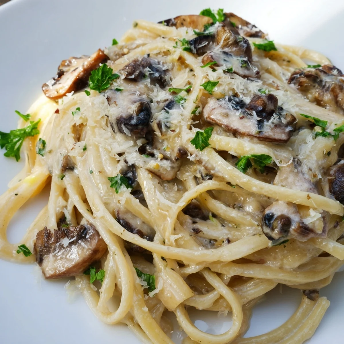A comforting plate of Creamy Mushroom Linguine, garnished with Parmesan and parsley, ready for dinner.