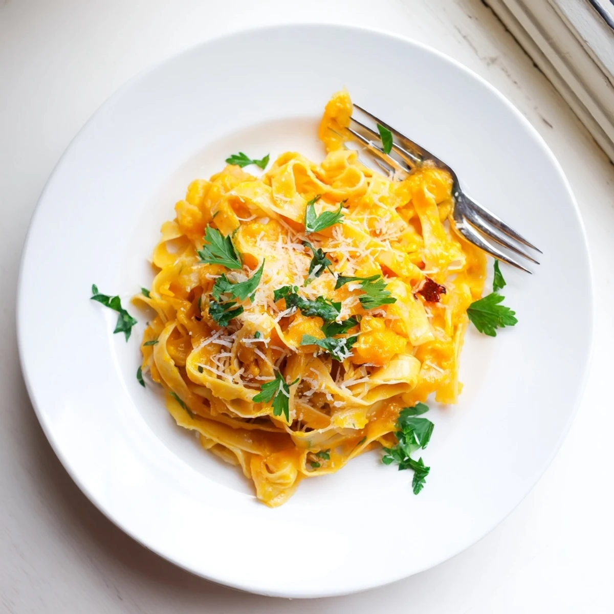 Freshly roasted butternut squash cubes and golden garlic cloves rest on a parchment-lined baking sheet, ready to be blended into a creamy pasta sauce.