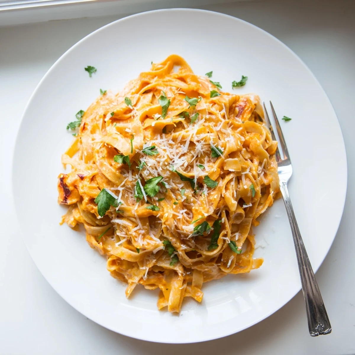 A skillet of silky butternut squash pasta sauce coats tender fettuccine, garnished with fresh parsley and a light dusting of Parmesan cheese for a cozy meal.