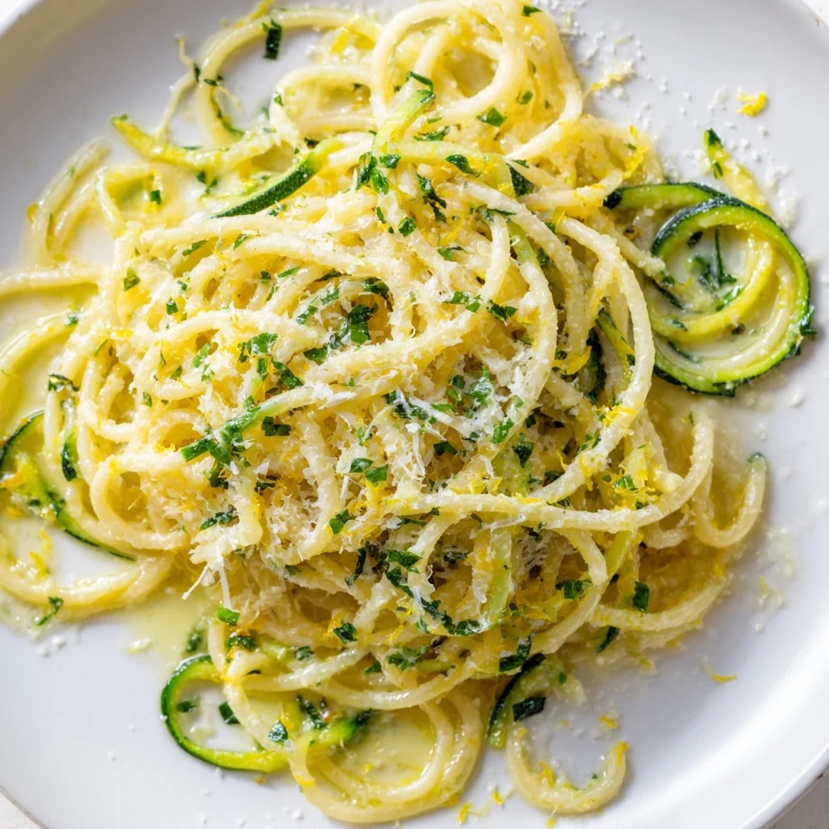 Steaming Lemon Zucchini Pasta featuring al dente spaghetti and spiralized zucchini coated in a glossy lemon butter sauce.  
