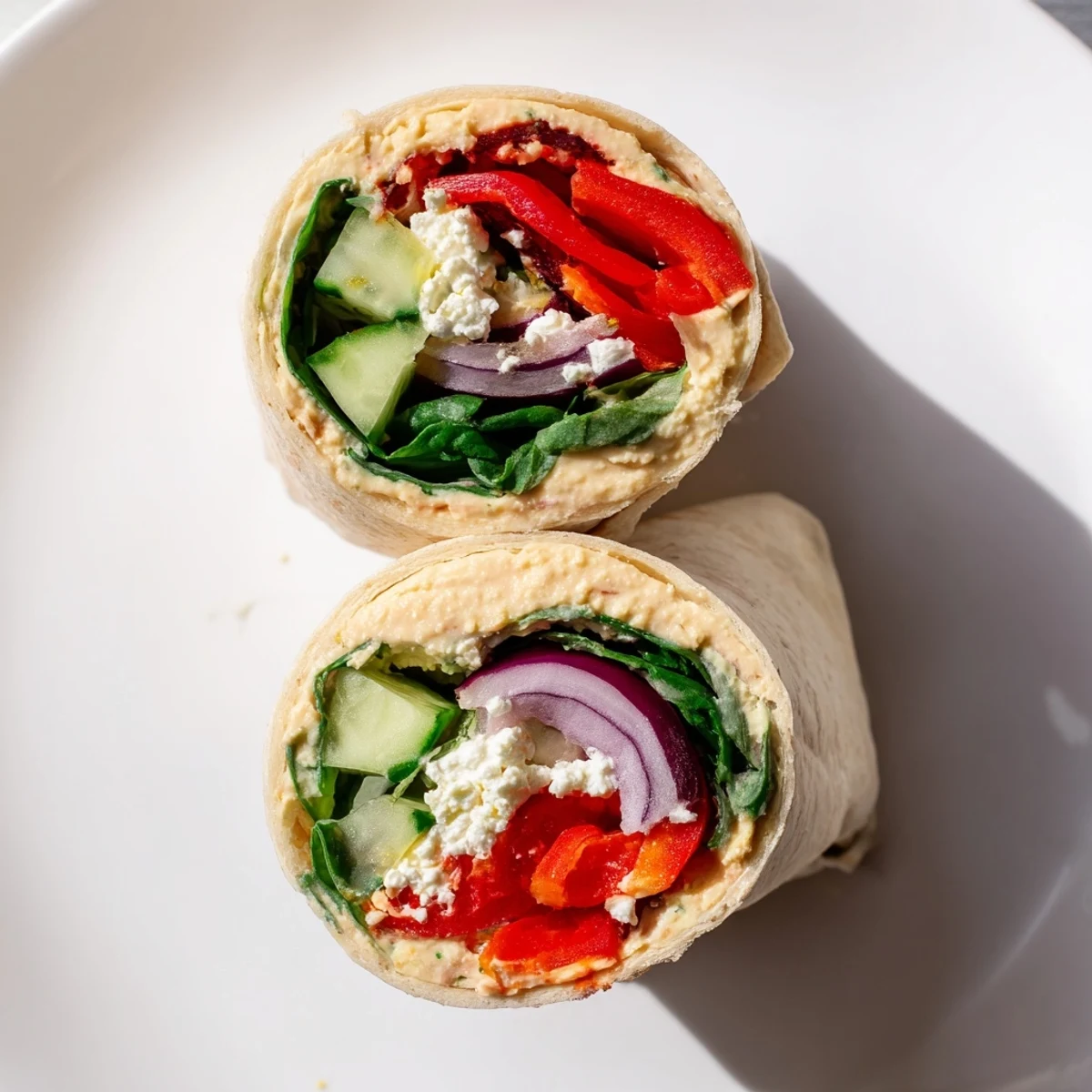 A diagonal view of a vegetarian Mediterranean Veggie Wrap, layered with crisp spinach, tangy feta, and smoky red peppers, ready for a light lunch.  
