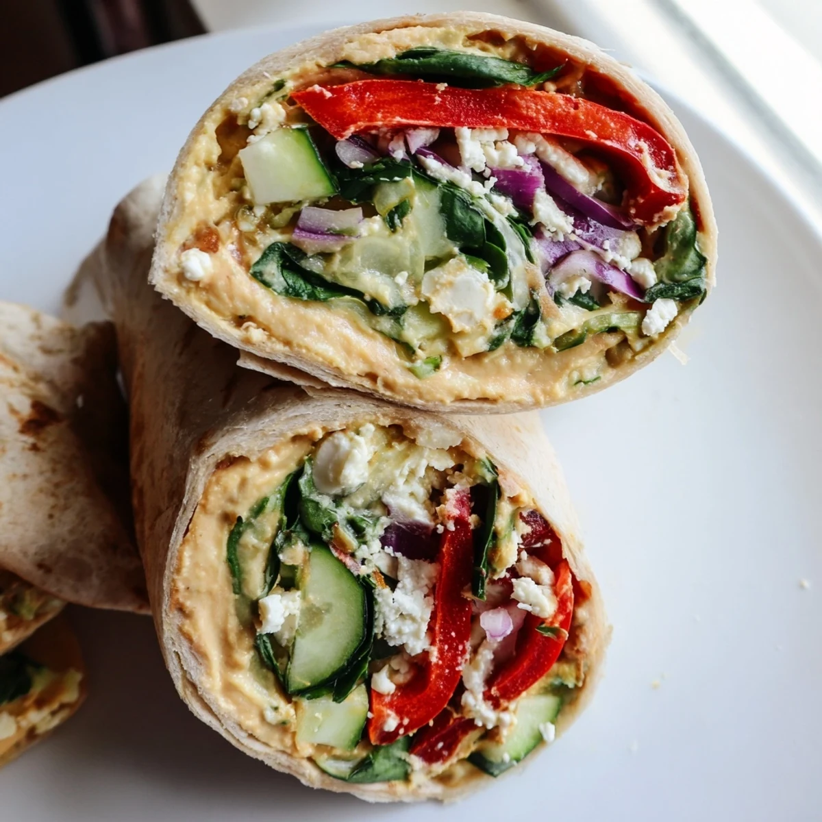 Freshly made Mediterranean Veggie Wrap halves, showcasing creamy hummus spread, vibrant roasted red peppers, and crumbled feta cheese on soft flour tortillas.  