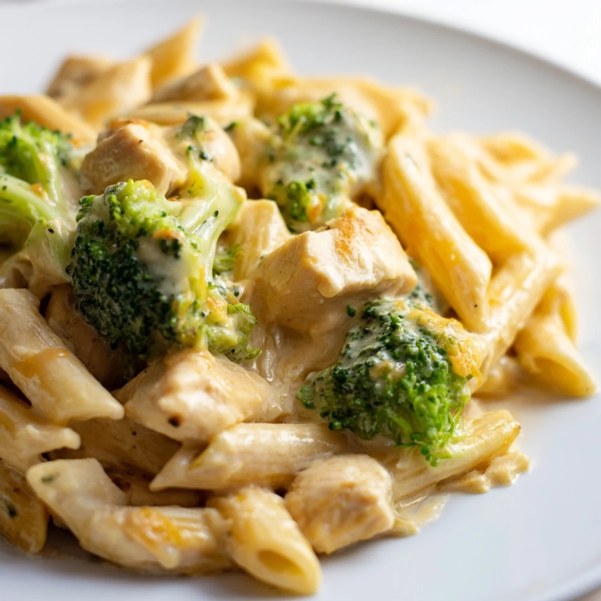 Comforting bowl of homemade Chicken Broccoli Cheddar Pasta, garnished with fresh herbs and ready to serve for a family dinner.