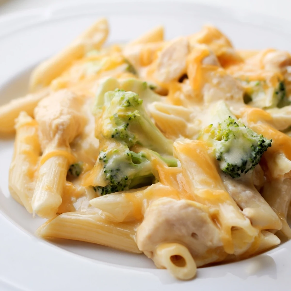 Steaming skillet of Chicken Broccoli Cheddar Pasta, featuring rotini noodles tossed with melted cheddar and perfectly cooked broccoli pieces.