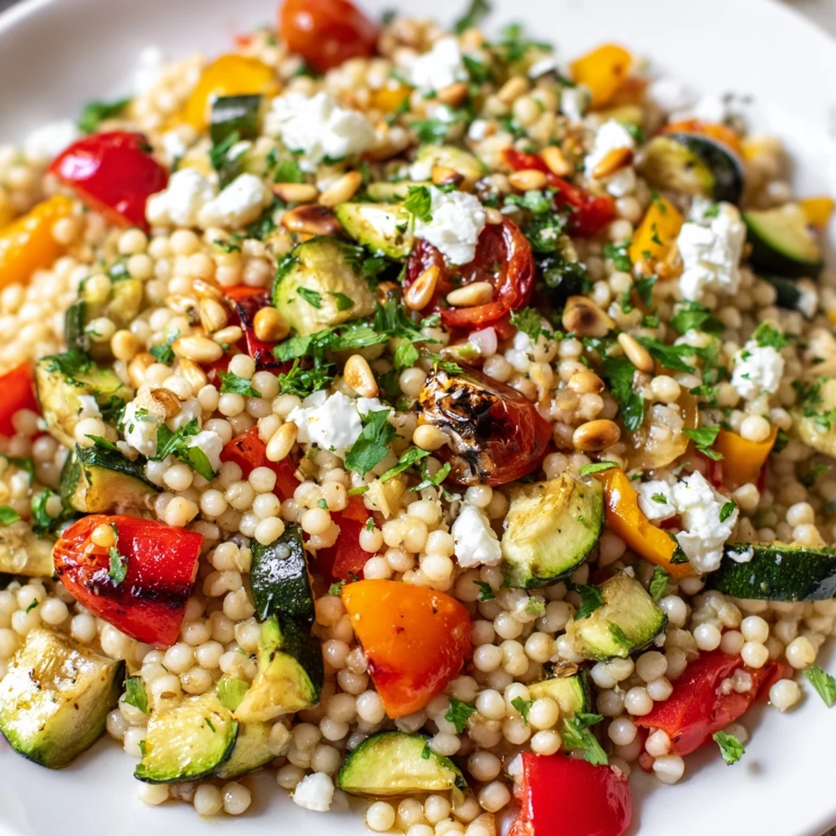 A close-up of roasted veggie couscous salad with zucchini, bell peppers, and feta glistening under a lemon dressing.  