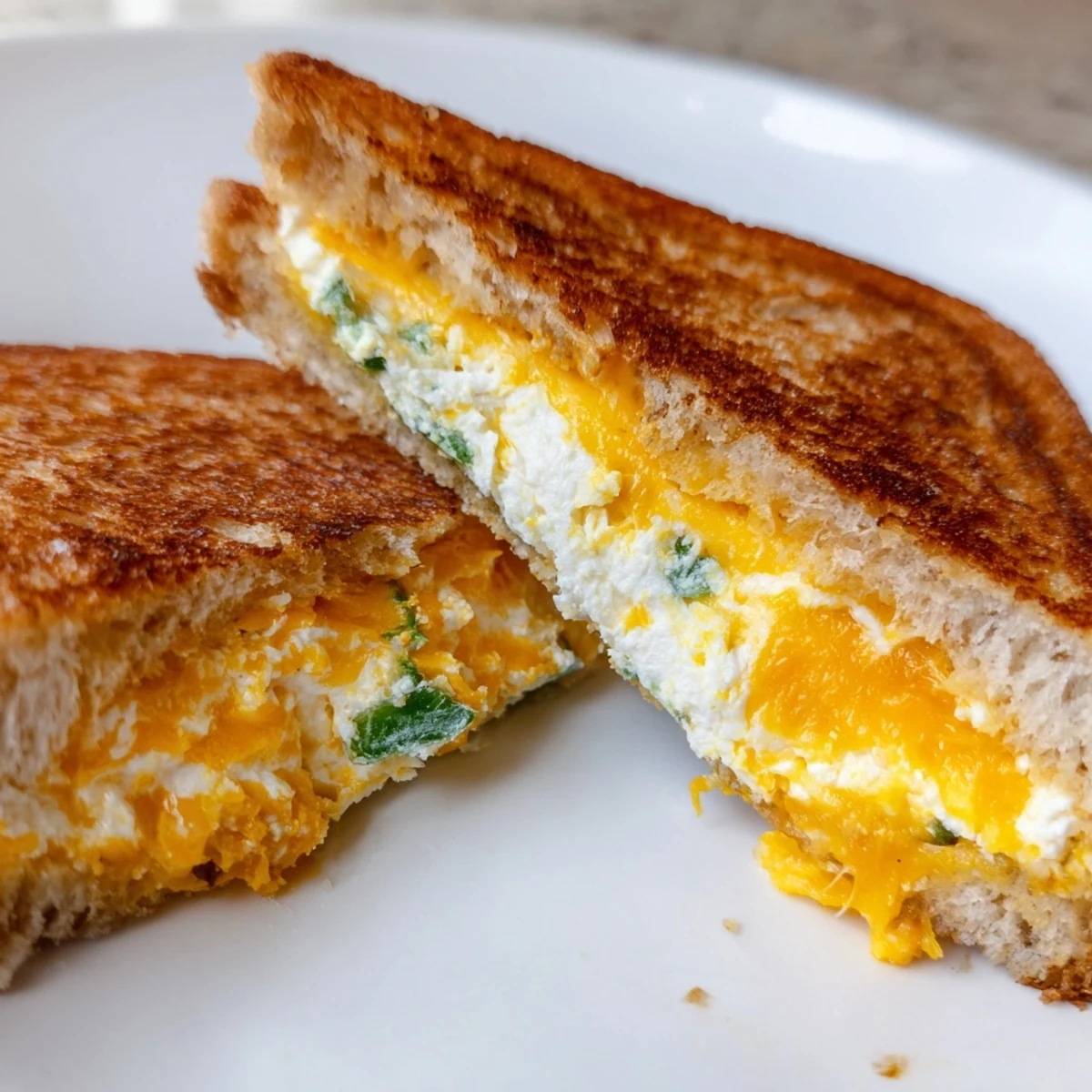 Creamy jalapeño popper grilled cheese with melted cheddar and fresh peppers on golden buttery sourdough slices.