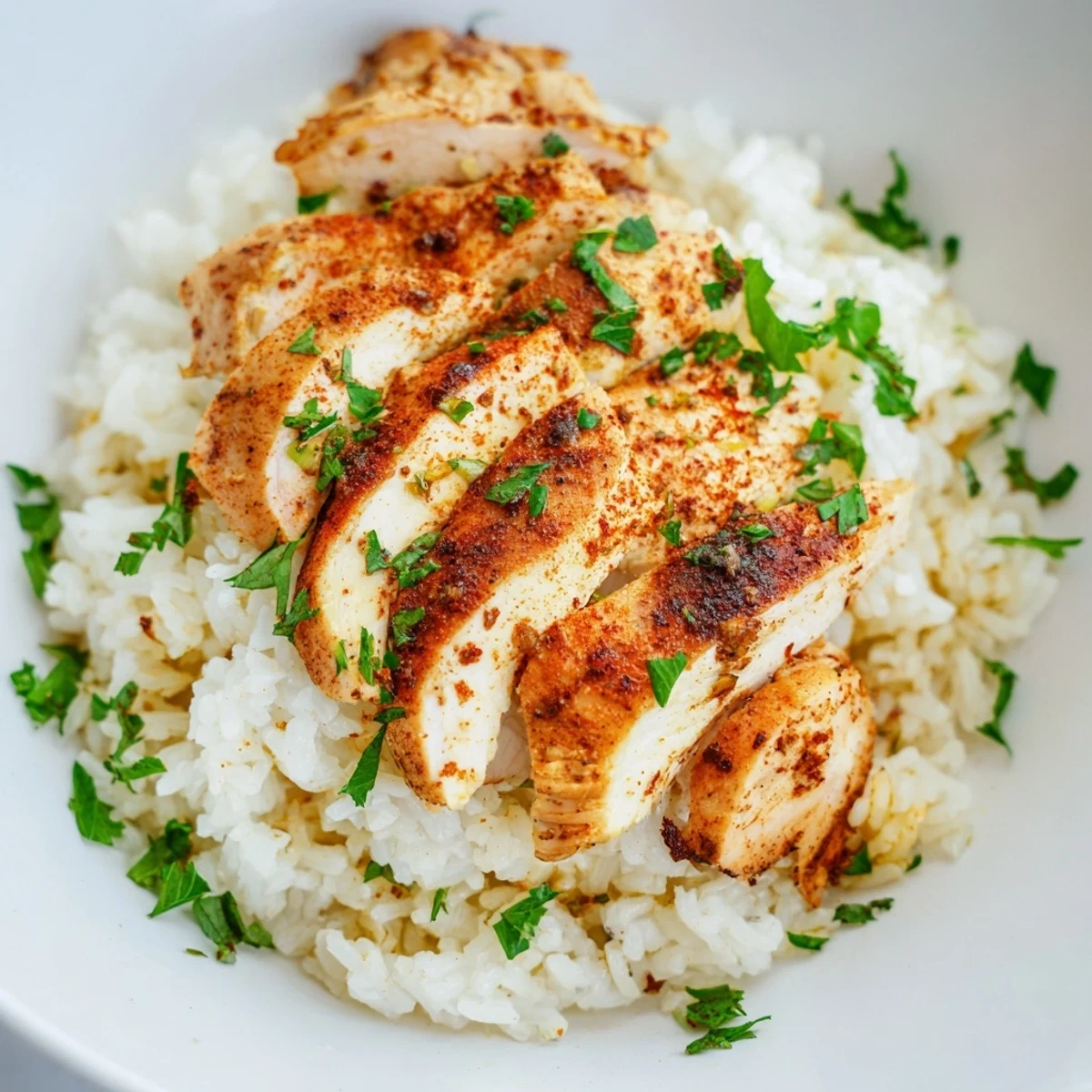 Golden-brown grilled chicken slices rest atop fluffy Garlic Butter Rice with sautéed onions and garlic in a rustic bowl.  