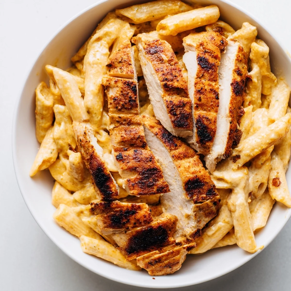 Freshly grilled spicy chicken slices rest atop creamy Spicy Chicken Caesar Pasta tossed with crisp romaine and cherry tomatoes.  
