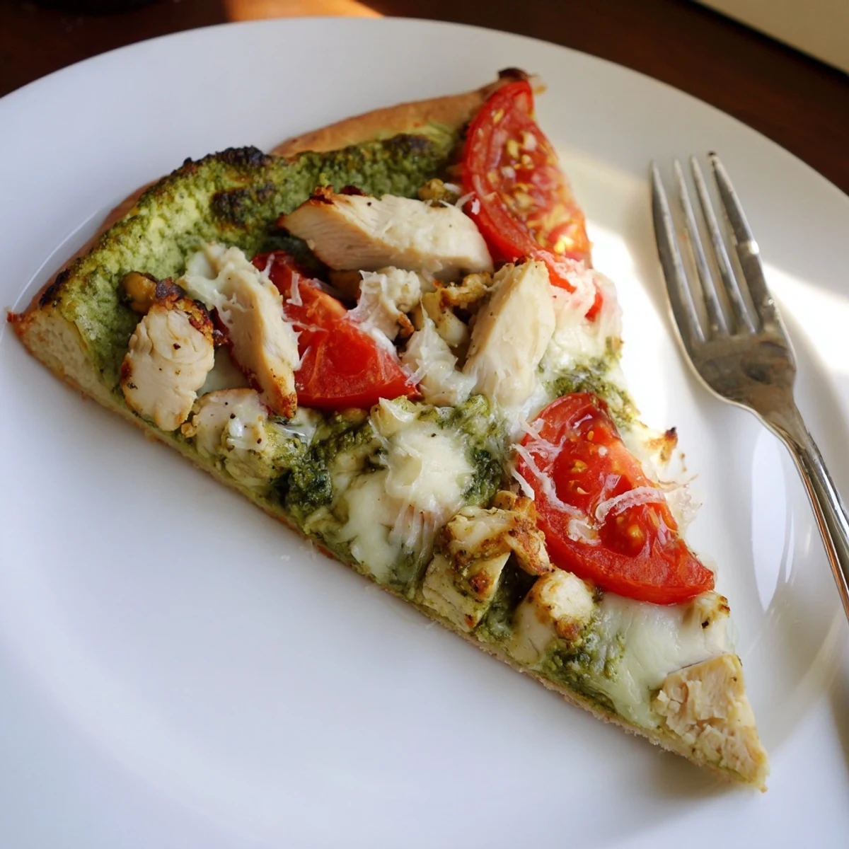 Homemade Chicken Pesto Pizza with sliced tomatoes and basil garnish on a rustic baking sheet, perfect for dinner.
