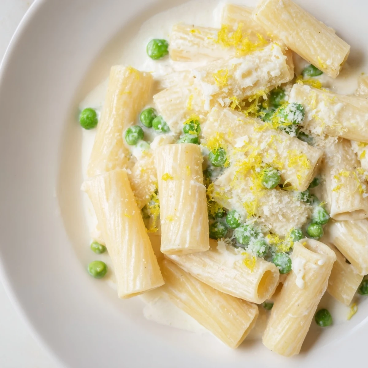 Freshly cooked rigatoni and sweet green peas tossed in a creamy lemon ricotta sauce, garnished with basil leaves.  