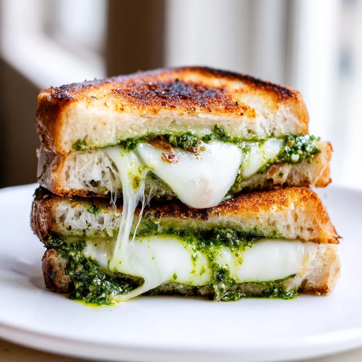 A plated sourdough pesto grilled cheese sandwich, cut diagonally, rests beside fresh basil and ripe cherry tomatoes.  