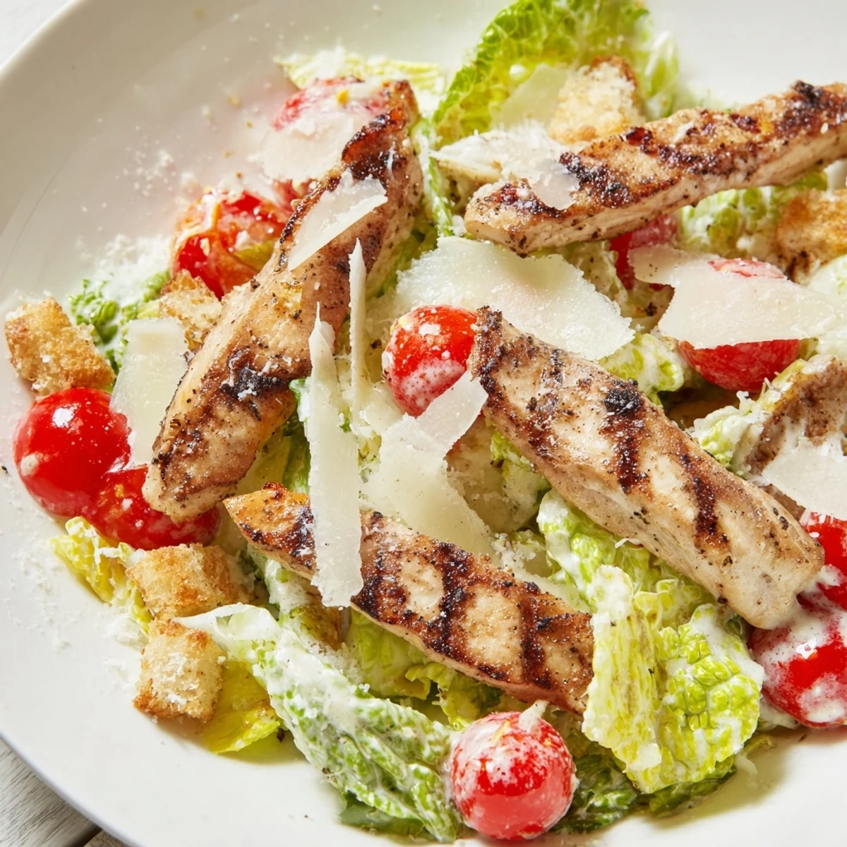 Golden grilled chicken strips are arranged over crisp romaine lettuce, cherry tomatoes, and crunchy croutons, drizzled with a creamy yogurt Caesar dressing.