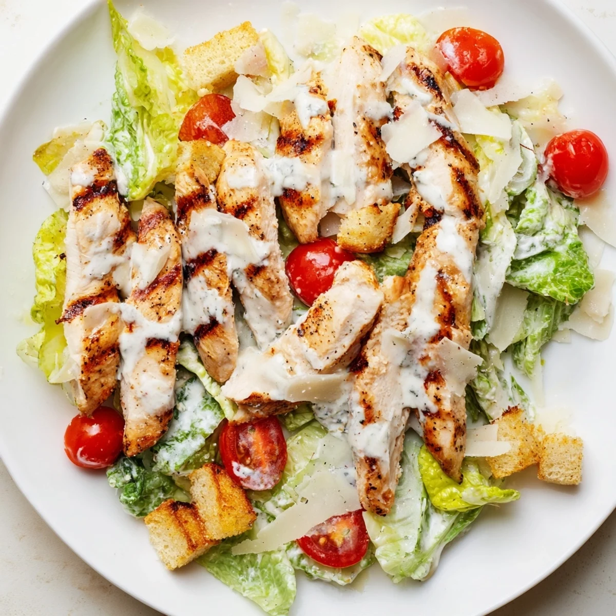 A plated serving of yogurt Caesar grilled chicken salad features shaved Parmesan, fresh lemon zest, and tender chicken, perfect for a high-protein summer lunch.